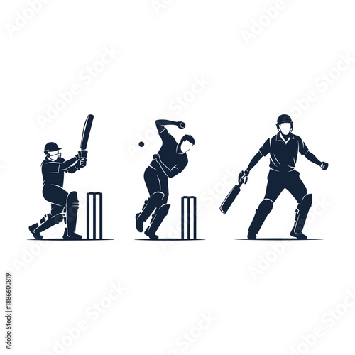 Silhouette Of Three Cricket Players In Action On White Background sport