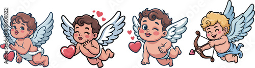 Cute Baby Cupid Angels Set Valentine Love Illustration - Cartoon Cupid Angels Collection with Hearts Vector - cupid, cupid angel, baby cupid, cupid set, cupid collection, cartoon cupid, cute cupid, va