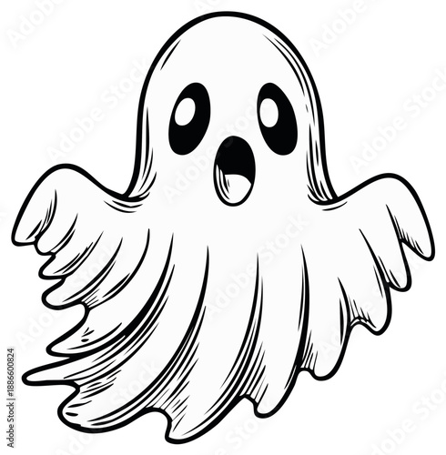 Hand drawn cartoon ghost with open mouth and large eyes isolated on white background for halloween
