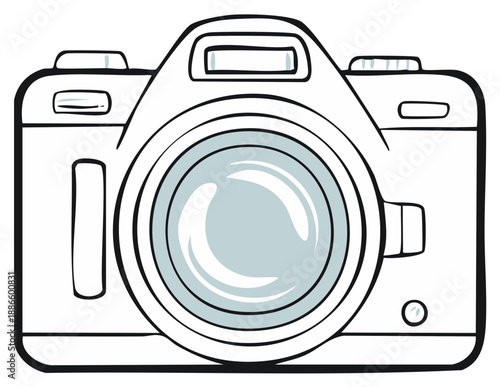 Hand drawn cartoon illustration of a DSLR camera with a large lens