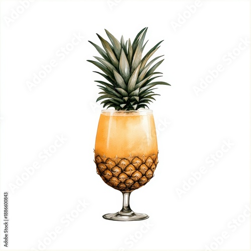 Pineapple Cocktail Illustration Yellow Orange Drink in Glass
