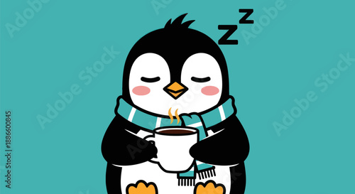 Cartoon penguin relaxing with coffee