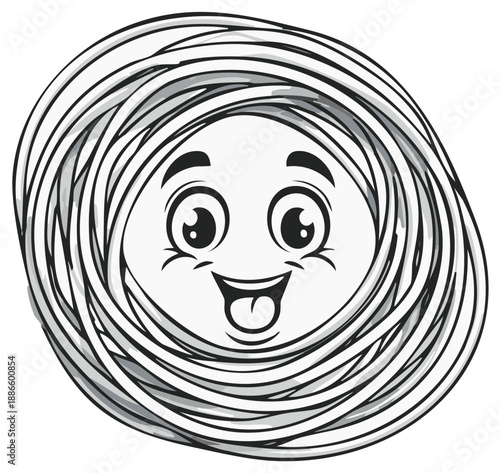 Cartoon character smiling face formed from a circle of lines, expressive and happy.
