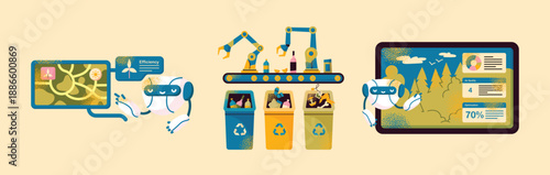 Artificial intelligence robots managing recycling process, renewable energy systems and environmental data dashboards. Flat vector illustration set. Sustainability technology and smart ecology concept