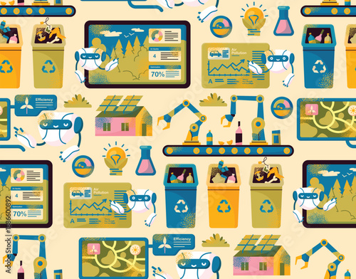 Seamless pattern artificial intelligence robots managing recycling process, renewable energy systems and environmental data dashboards. Sustainability technology and smart ecology concept