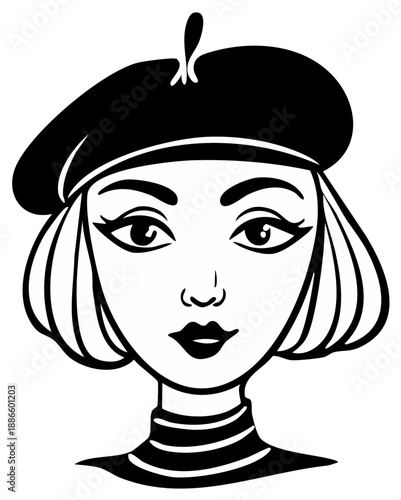 Elegant woman with beret and striped shirt portrait illustration