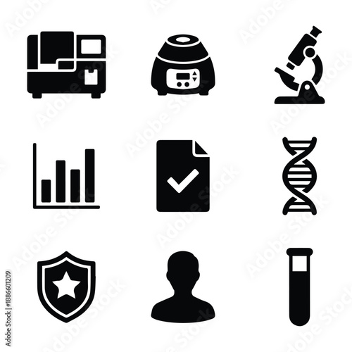 Clinical lab equipment icon set with microscope centrifuge and dna symbols for biotechnology science