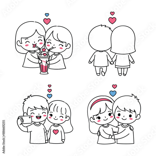 Four cute cartoon illustrations of couples sharing romantic moments including drinking from a shared cup taking a selfie and hugging Keywords: couple love romance hug embrace selfie drinking
