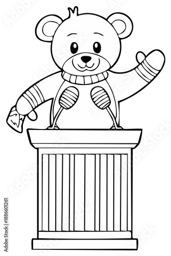 Cartoon teddy bear speaker giving a speech at a podium with microphones