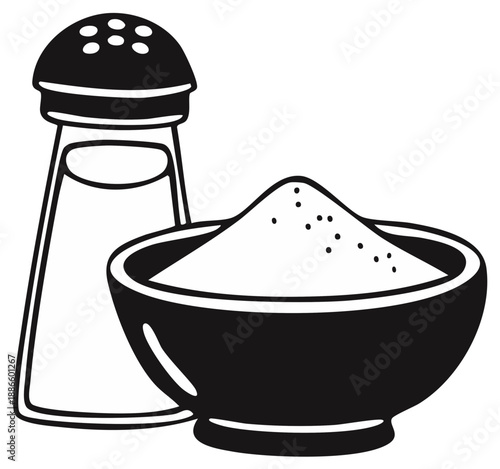Salt shaker and bowl of salt, illustration, black and white.