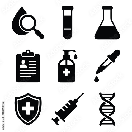 Scientific laboratory and medical testing icons with flask syringe and dna for healthcare diagnostics