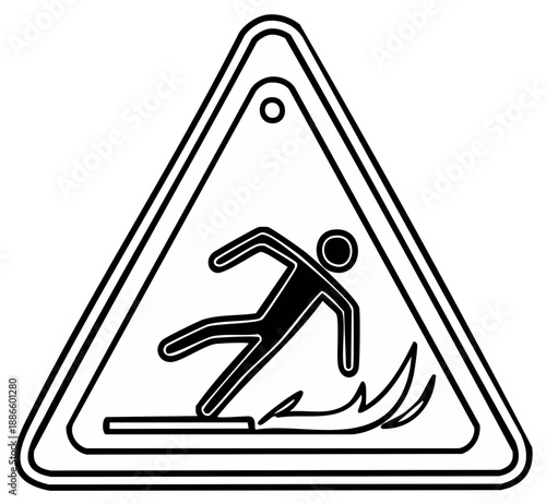 Falling hazard icon depicting a person losing balance, white triangle with black outline warning of a potential accident