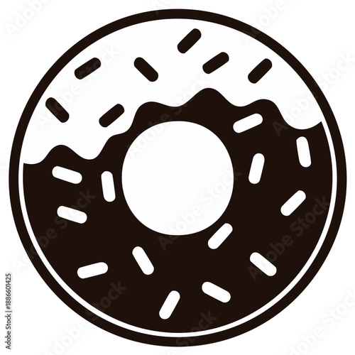 Vector illustration of a chocolate donut with white frosting and colorful sprinkles isolated on white