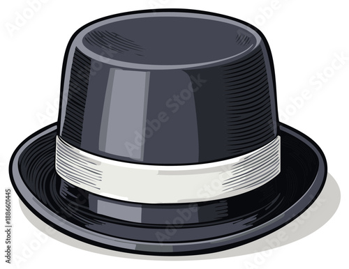 Classic bowler hat with white band, vintage illustration.