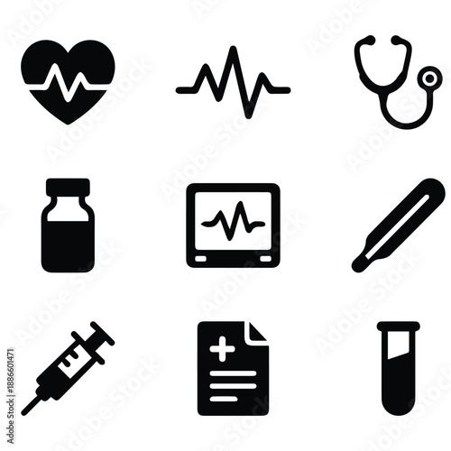 Cardiology and general medical icons set with heartbeat stethoscope and medication bottle symbols