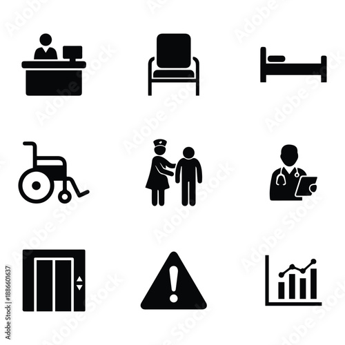Hospital facility and patient care icons set featuring wheelchair doctor reception and safety symbols