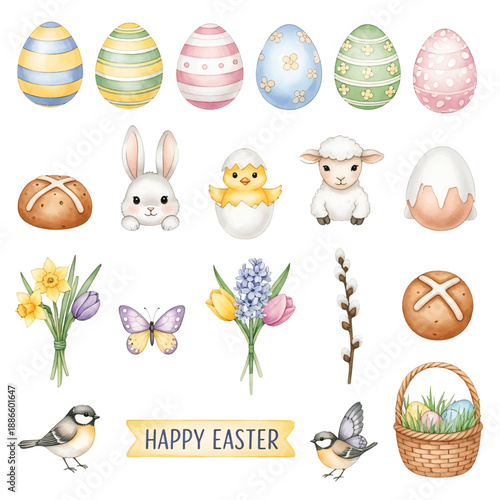 Cute cartoon set of Easter eggs with flowers and playful animals like bunny, chicken, bird and cat in a fun spring holiday design