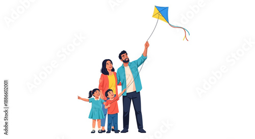 Family flying kite together on a windy day in an open field, joyful moment captured from behind, illustrating happiness and freedom.