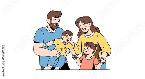 A happy family of four smiling and holding hands, enjoying a playful moment together.