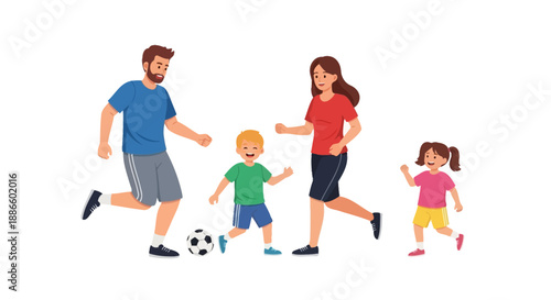 Family playing soccer together on a sunny day, captured from a side viewpoint
