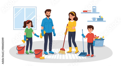 A family of four, including two children, cleans a room together, working as a team.
