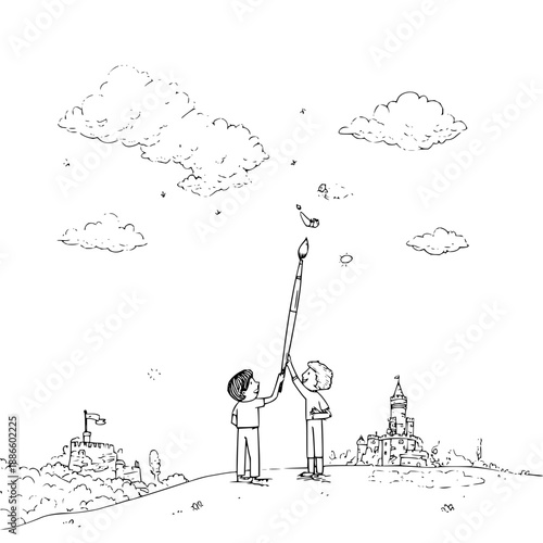 Children painting clouds with giant brush outdoors kids cityscape illustration