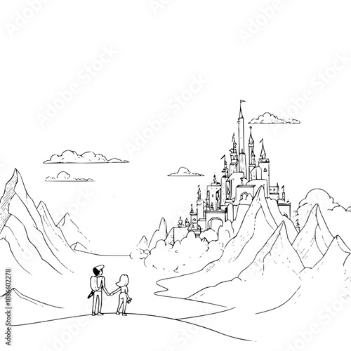 Couple walking towards fantasy castle mountains hand in hand black and white
