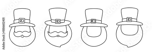 St Patrick's day leprechaun hat and beard outline set.
Leprechaun face with beard and top hat coloring pages for St Patrick's day.
White background. svg.