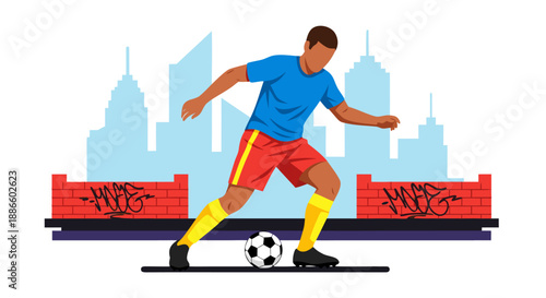 Modern vector illustration depicting a male soccer player dribbling a ball with agility, set against a stylized urban city background featuring architecture and graffiti art