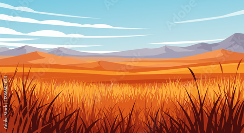 Vast and Serene Autumn Grassland Landscape Vector Illustration with Distant Mountains and Blue Sky - A Natural Wilderness Scene
