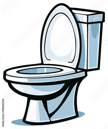 Cartoon illustration of a white toilet bowl with the lid up