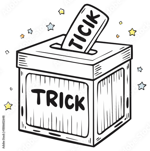 Cartoon illustration of a trick or treat box with a 'TICIK' slip in a slot and stars