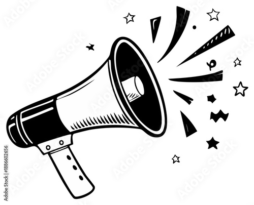 Loudspeaker Announcement with Stars Hand Drawn Monochrome Vector Illustration