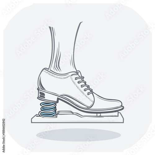 Foot pressing down on a spring-loaded shoe, line art illustration