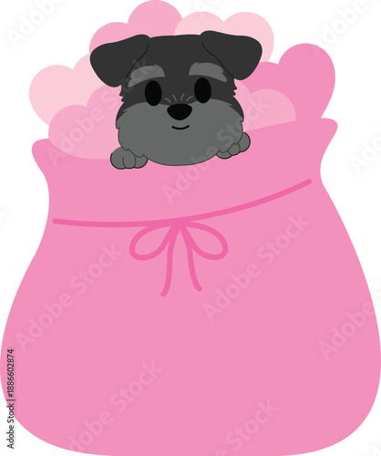 Adorable Schnauzer Puppy Peeking from a Pink Bag of Hearts