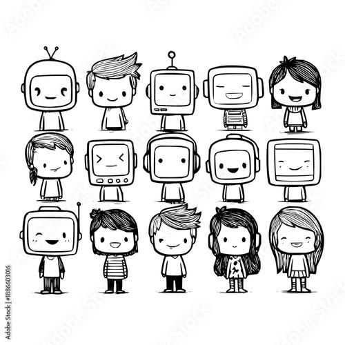Cartoon TV heads people characters vector illustration black and white line art