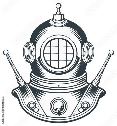 Vintage Diving Helmet with Two Antennae and Grid Porthole Symbolizing Underwater Exploration