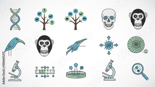 Genetic and biological icons including dna trees skulls monkeys birds and lab equipment on white background