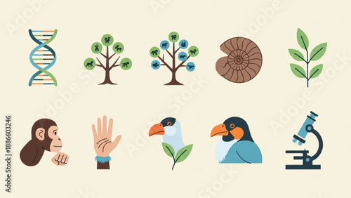 Evolution and nature icons set with dna trees animals and microscope
