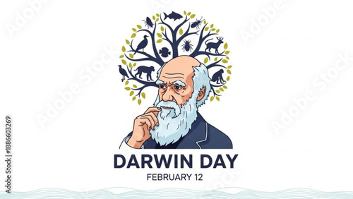 Charles darwin portrait with tree of life and animals on darwin day february 12