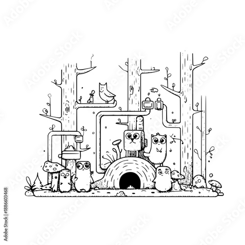 Owl family forest home vector illustration black and white cartoon owls treehouse
