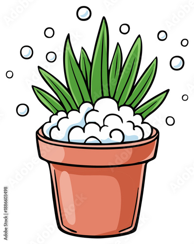 Whimsical cartoon plant in a brown pot featuring lush green leaves and playful white soap suds floating