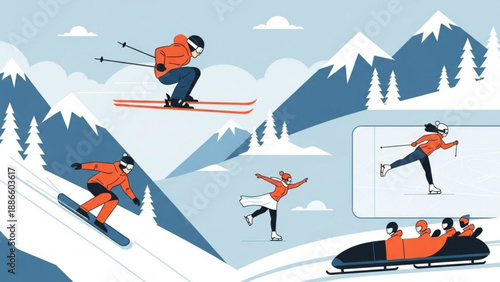 Winter sports collage featuring skiing snowboarding ice skating and bobsledding flat vector illustration for seasonal promotions