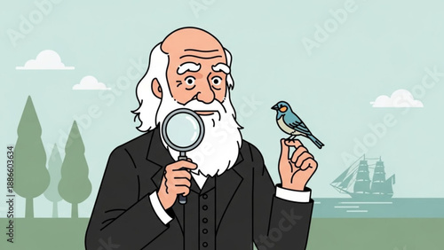Cartoon illustration of an elderly man with a magnifying glass examining a small blue bird outdoors