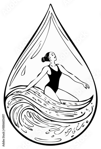 Woman in water drop shape, synchronized swimming concept, line art, aquatic performance, female athlete, artistic illustration