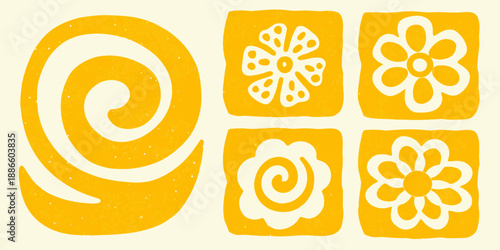 A vibrant composition of yellow floral and spiral patterns in a grid