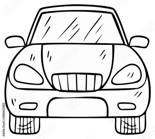 Front view of a car in black and white outline for a coloring book or children's drawing page