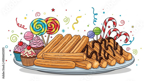 Assortment of sweet treats including churros cupcakes and lollipops decorated with confetti for a festive celebration
