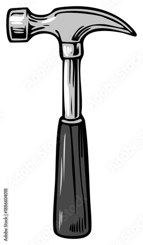 Cartoon style hammer, gray metallic head with wooden handle, tool icon for carpentry, repair, building or DIY projects