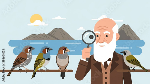Elderly man examining birds with magnifying glass serene landscape background with mountains and lake